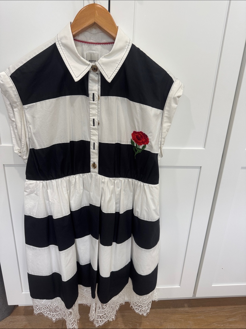 Maeve Black & White Striped Mini Dress with Red Rose Appliqué